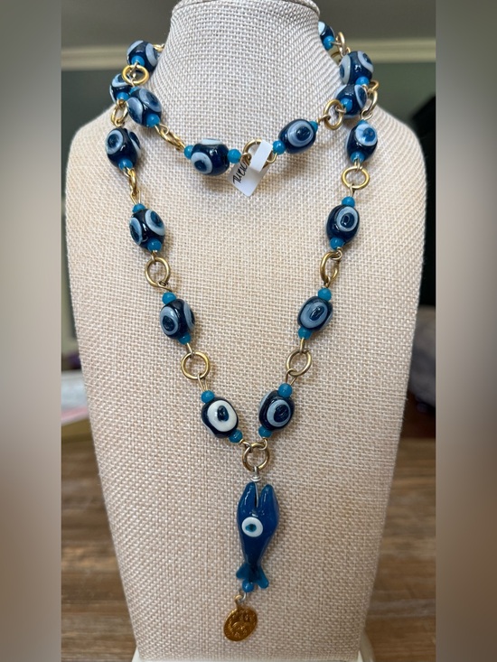 Jewelry - Turkey Blue Evil Eye & Lucky Fish Glass Beaded Necklace w/ Gold Accents Artisan
